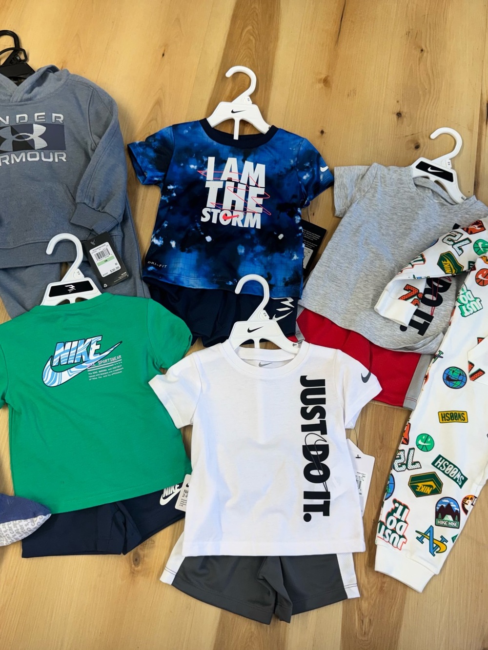 Nike White JUST DO IT. Tee with Gray Shorts and Blue Storm Tee Set